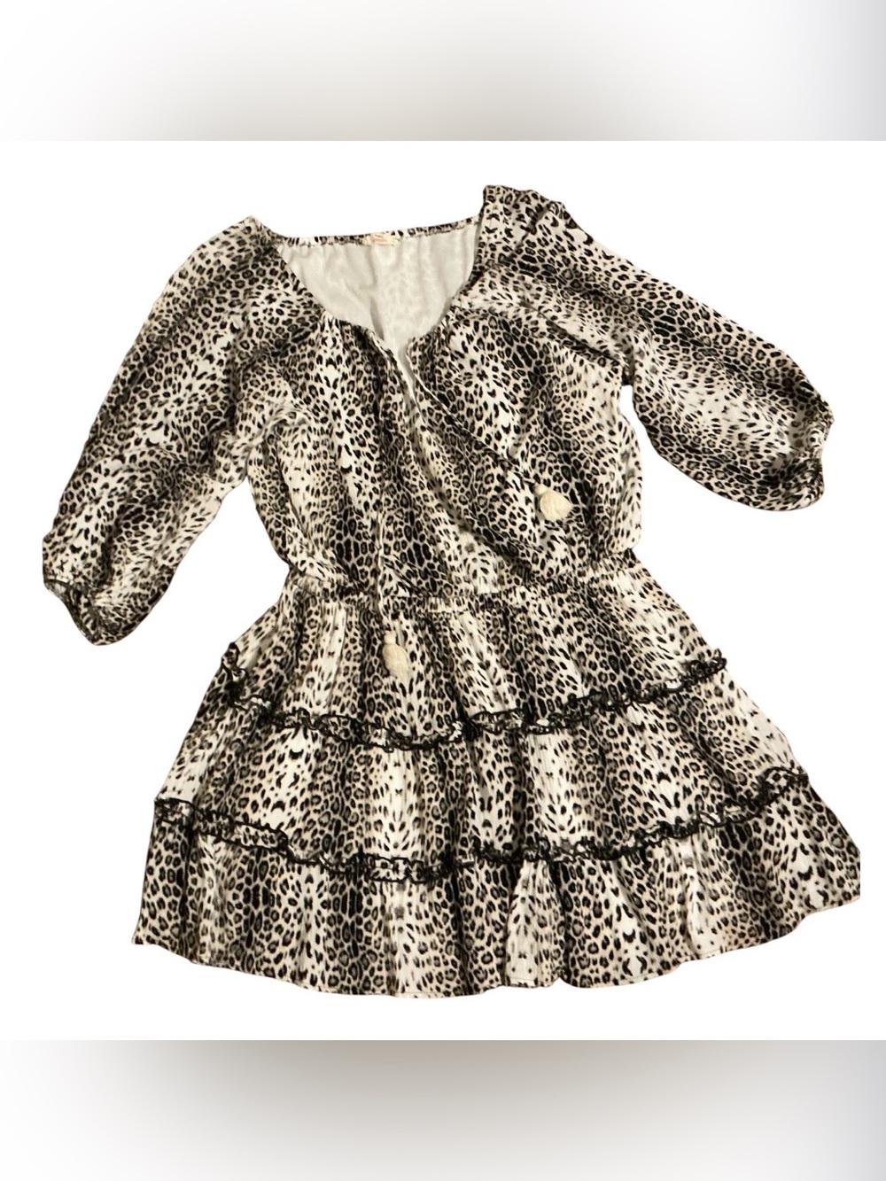 Hummingbird Leopard Print Tiered Dress Fits Sz M-L Animal Print Boho Peasant